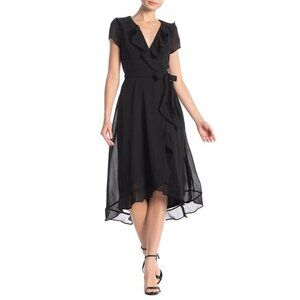 Gabby Skye Black Dress Cap Sleeve Tie Waist Faux Wrap Above Knee SZ 10 NWT